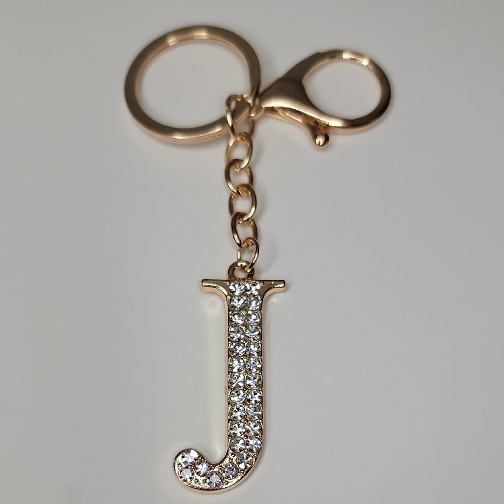 Letter J Initial J Alphabet J Rhinestone Gold Key Chain Bag Charm